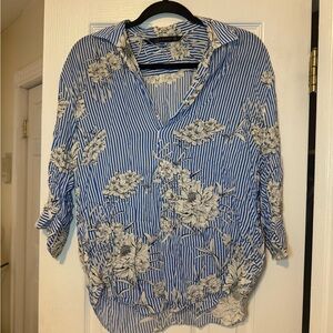 Zara Blue and White Floral Striped Blouse